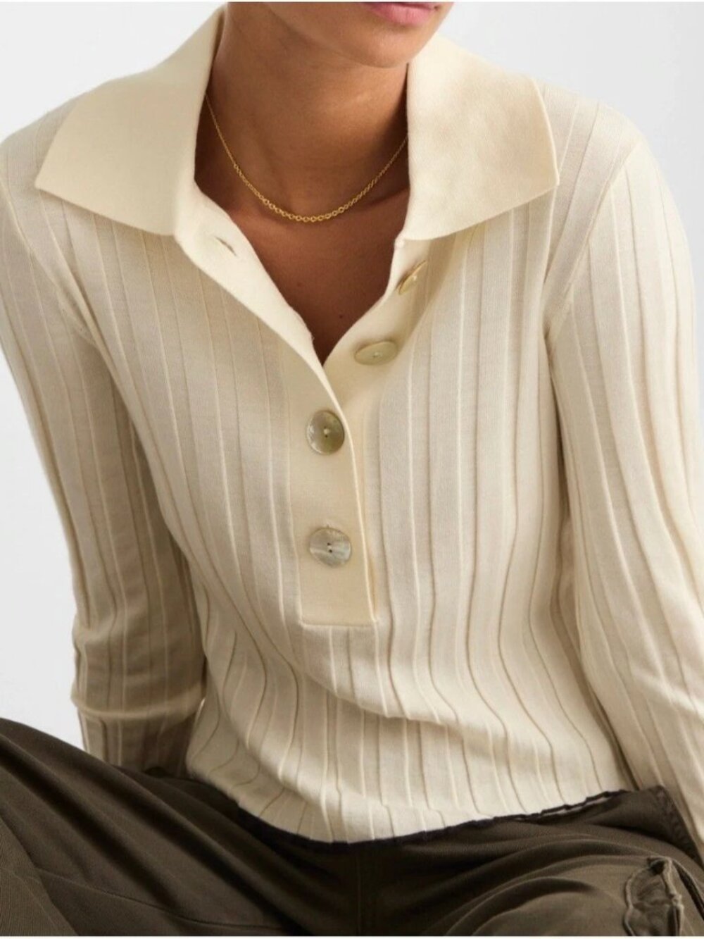 Madewell Cream Merino Silk Wide Ribbed Long Sleeve Polo Sweater XS NWT
